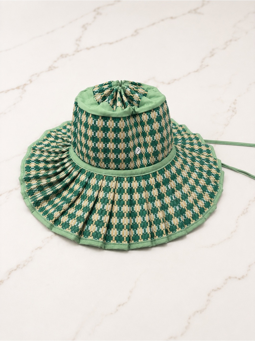 Green Checked Wide-Brim Sun Hat
